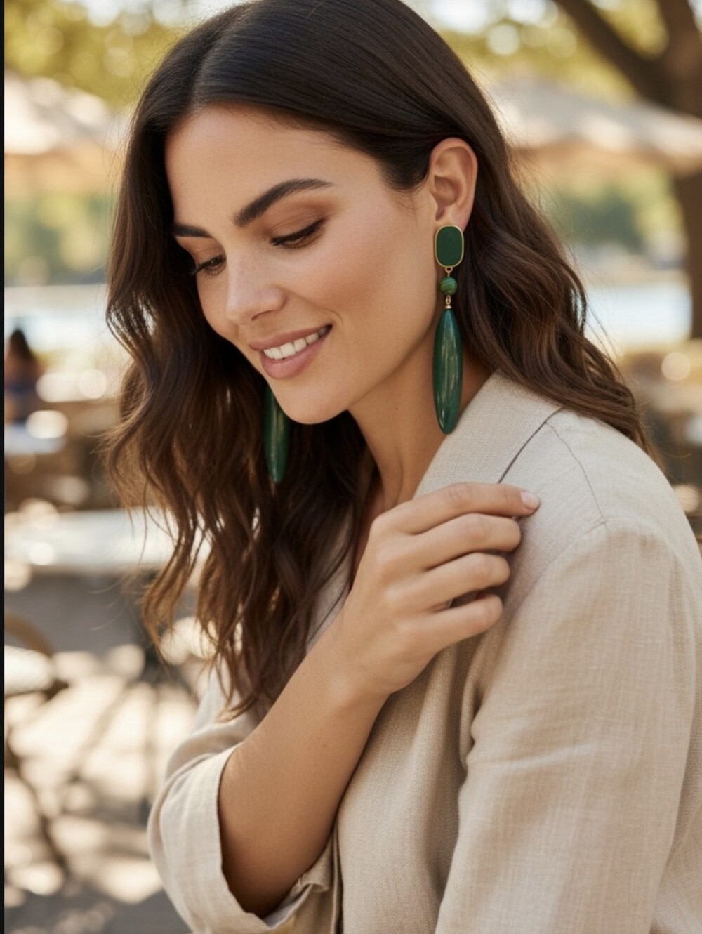 Gold Plated Oversized Long Malachite & Lucite Drop Dangle Earrings - Picture 4 of 5